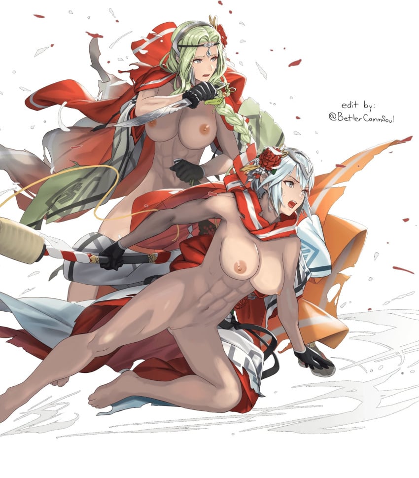 2girls abs alternate_costume bare_legs barefoot beauty_mark bettercommsoul blue_hair bow_(weapon) braid braided_ponytail breasts completely_nude cuboon dagr_(fire_emblem) dark-skinned_female dark_skin dual_wielding edit edited_official_artwork female female_only fire_emblem fire_emblem_heroes frown gloves green_hair grey_hair huge_breasts large_breasts legs light_blue_hair long_hair mole mole_under_mouth multiple_girls naked_gloves new_year nintendo nott_(fire_emblem) nude nude_female nude_filter official_alternate_costume open_mouth pussy short_hair sword torn_clothes weapon