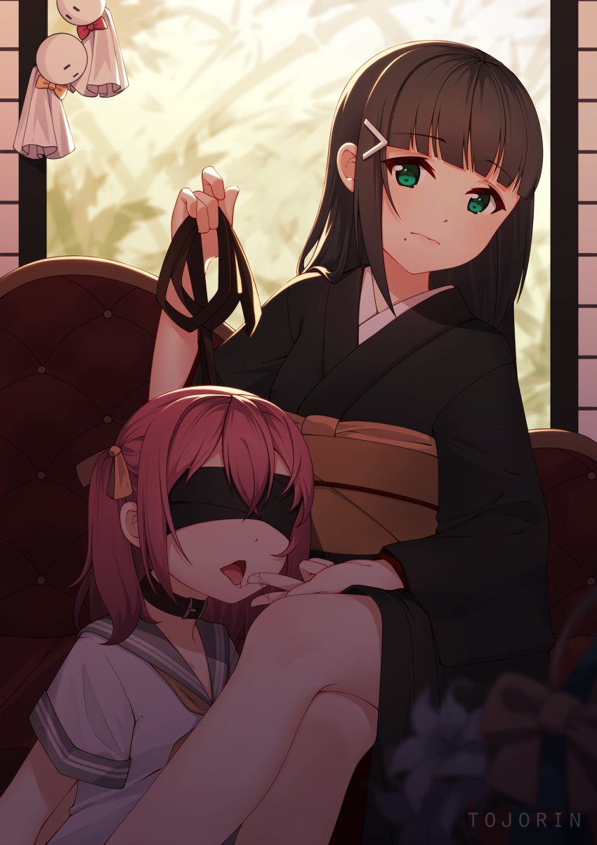 2girls black_hair black_kimono blindfold blue_eyes bondage breasts collar couch female female_only furisode incest kimono kurosawa_dia kurosawa_ruby leash long_hair looking_at_viewer love_live! love_live!_sunshine!! medium_breasts mole_under_mouth red_hair saliva saliva_on_finger saliva_trail school_uniform siblings side_ponytail sisters sitting sitting_on_couch teruterubouzu tojorin yuri