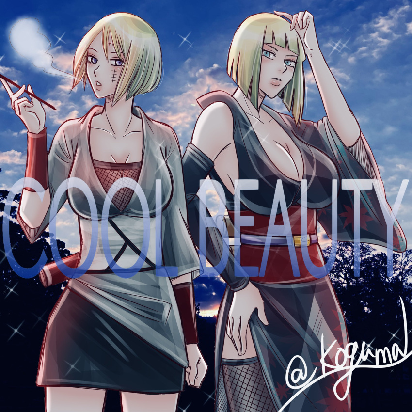 2girls big_breasts blonde_hair blue_eyes blunt_bangs bob_cut breasts busty costume_switch crossover dress female female_only gintama hair_color_connection hairstyle_connection kimono koguma05 kunoichi large_breasts long_hair looking_at_viewer multiple_girls naruto naruto_(series) naruto_shippuden ninja no_bra outfit_swap pipe purple_eyes revealing_clothes samui scar scar_across_eye short_hair shounen_jump smoking smoking_pipe take_your_pick tsukuyo voluptuous