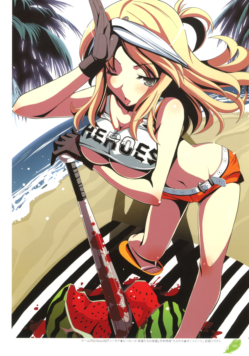 1girls bad_girl_(nmh) baseball_bat beach beach_towel belt black_eyes blonde_hair breasts clouds crop_top gloves large_breasts long_hair looking_at_viewer midriff navel no_more_heroes ocean orange_shorts outside palm_trees sandals short_shorts shorts sky tsurugi_hagane water watermelon white_crop_top