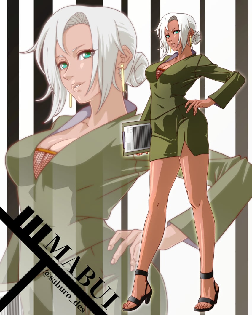 1girls assistant bare_chest blue_eyes breasts busty character_name cleavage clipboard curvaceous curvy curvy_body curvy_female curvy_figure dress earrings feet female female_only hair_bun high_heels holding_object list long_hair long_legs mabui mature mature_female naruto naruto_(series) naruto_shippuden no_bra open_toe_shoes pinup saburo_des secretary seductive seductive_eyes seductive_look seductive_mouth seductive_smile silver_hair solo solo_focus voluptuous zoom_layer