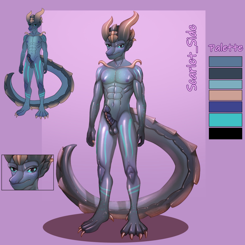 1boy 2023 adopt adoptable balls black_eyes blue_sclera boy claws cock dick digital_media_(artwork) dragon dragon_dick dragon_horns dragon_tail guy horns male_only nipples penis scales scarlet_side scarletside tail