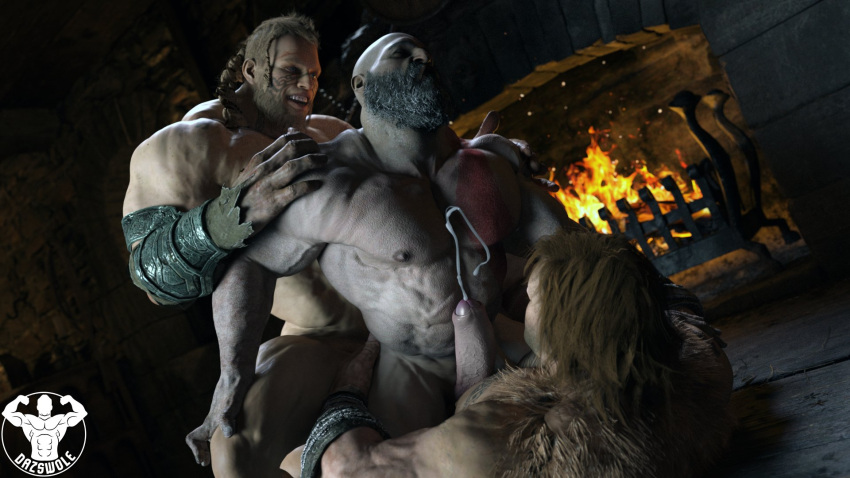 bald bald_man bara daddy dazswole dilf double_penetration god_of_war kratos magni_(god_of_war) male male/male male_only modi_(god_of_war) multiple_males muscular muscular_male nude threesome