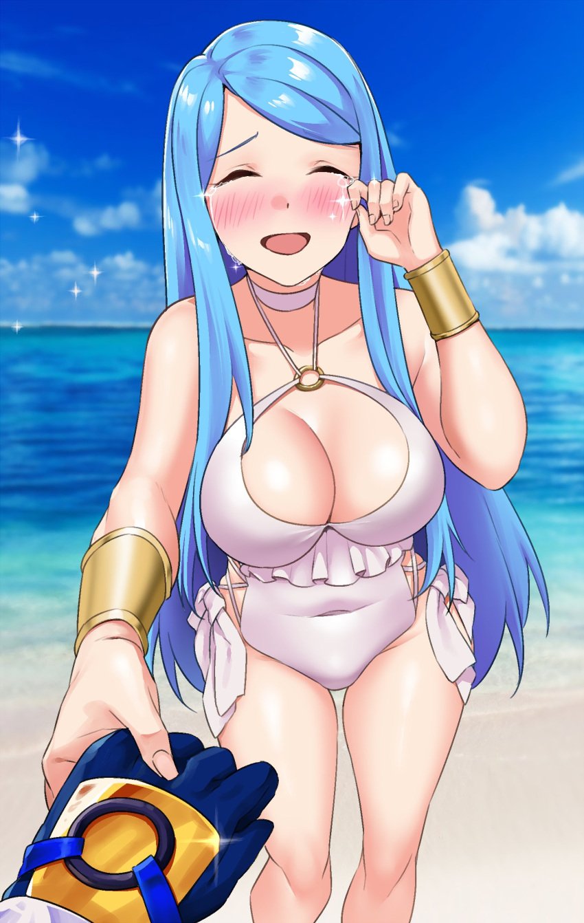 1girls 1other :d absurdres alear_(fire_emblem) alternate_costume beach blue_hair blush breasts cleavage closed_eyes collarbone covered_navel cropped_legs crying female female_focus fire_emblem fire_emblem_engage hand_on_own_face handholding happy happy_tears highres holding_hands horizon igni_tion large_breasts long_hair lumera_(fire_emblem) mature_female mother_and_child nintendo o-ring o-ring_swimsuit ocean one-piece_swimsuit one_breast_out pov pov_hands shore smile solo_focus swimsuit tears white_one-piece_swimsuit white_swimsuit wiping_tears wrist_cuffs