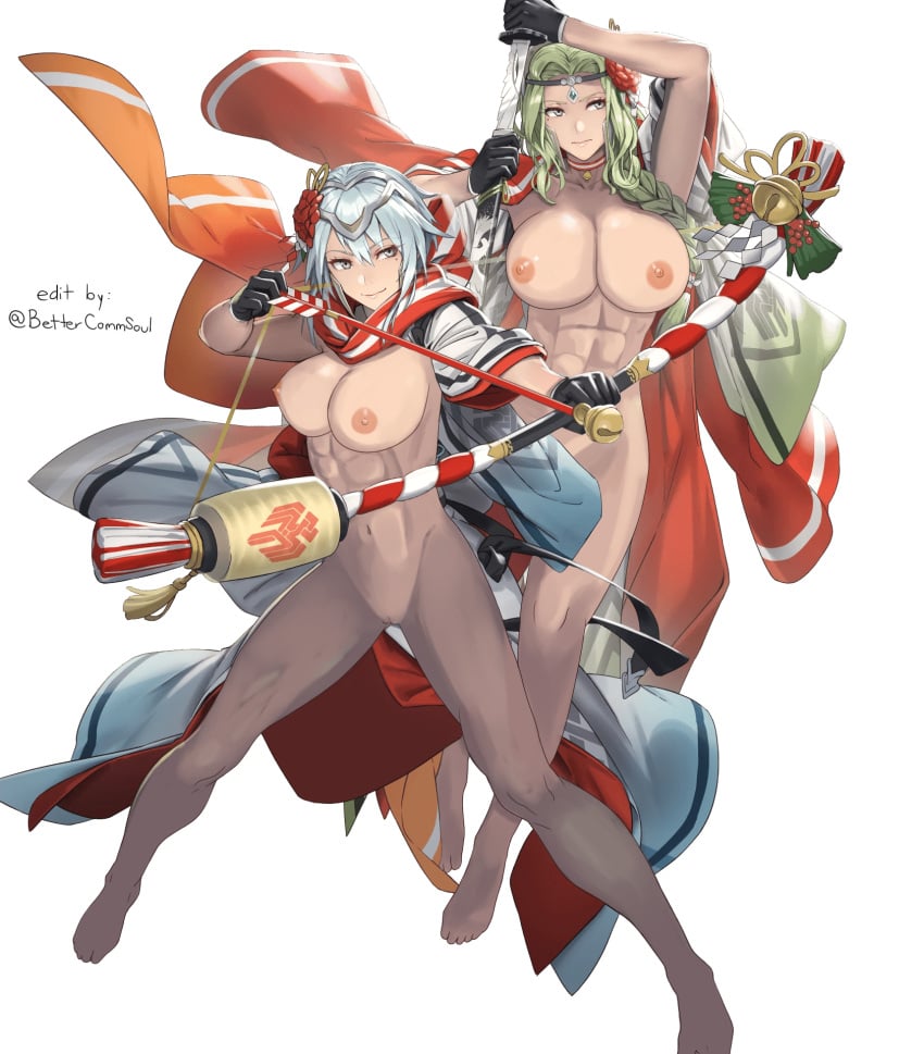 2girls abs alternate_costume bare_legs barefoot beauty_mark bettercommsoul blue_hair bow_(weapon) braid braided_ponytail breasts completely_nude cuboon dagr_(fire_emblem) dark-skinned_female dark_skin dual_wielding edit edited_official_artwork female female_only fire_emblem fire_emblem_heroes gloves green_hair grey_hair huge_breasts large_breasts legs light_blue_hair long_hair mole mole_under_mouth multiple_girls naked_gloves new_year nintendo nipples nott_(fire_emblem) nude nude_female nude_filter official_alternate_costume pussy short_hair smile sword weapon