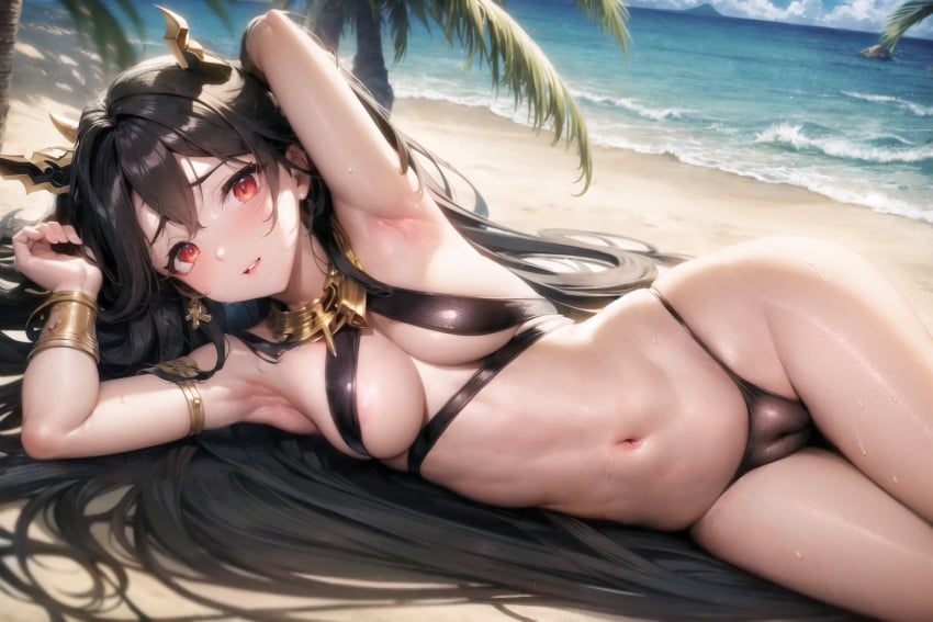 ai_generated areolae armpits bikini black_hair blush breasts fate/grand_order fate_(series) ishtar_(fate) ishtar_(fate/grand_order) looking_at_viewer nai_diffusion red_eyes solo solo_female stable_diffusion summer sweat twintails