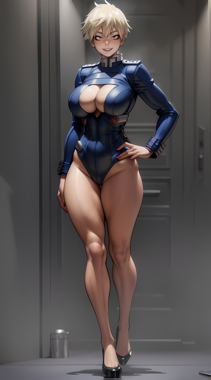 ai_generated big_breasts boob_window hi_res high_heels highres hpeq huge_breasts leather_clothing leather_jacket long_legs mitsuki_bakugou my_hero_academia red_eyes short_hair stable_diffusion voluptuous voluptuous_female