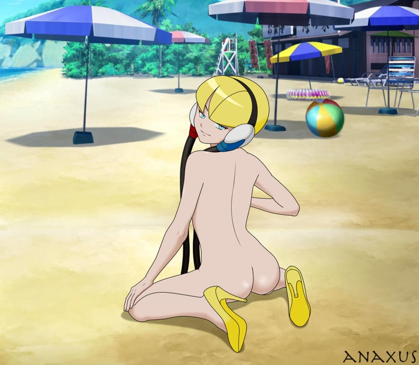 anaxus ass ass_focus back_view beach elesa_(pokemon) elesa_(pokemon_bw) female heels heels_only high_heels kneeling legs_spread looking_at_viewer looking_back naked naked_footwear naked_heels nude nude_female pokemon pokemon_bw rear_view solo solo_female