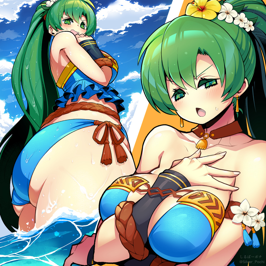 1girls alternate_costume annoyed arm_between_breasts armlet ass belt between_breasts bikini blue_bikini blue_swimsuit blush breasts brown_choker choker cloud commentary_request earrings female female_only fingernails fire_emblem fire_emblem:_the_blazing_blade fire_emblem_heroes flower frilled_bikini frills green_hair hair_flower hair_ornament highres jewelry kara_age large_ass lyn_(fire_emblem) lyn_(summer)_(fire_emblem) multiple_views nintendo ocean official_alternate_costume ponytail side-tie_bikini_bottom signature solo surprised swimsuit tassel water wet