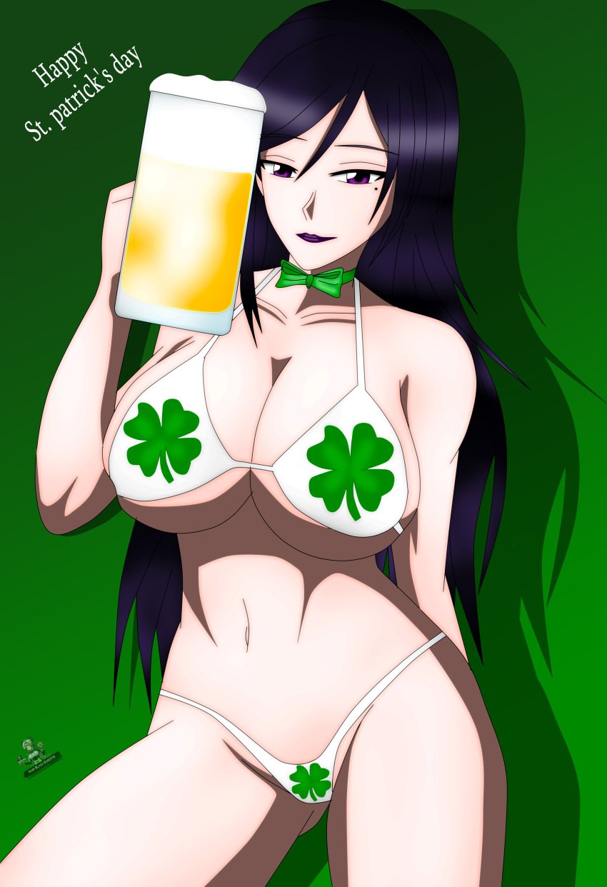 akinama_family_(noir-black-shooter) beer beer_mug bikini breasts dark_purple_hair holidays kaori_akinama_(noir-black-shooter) noir-black-shooter oc original original_character purple_eyes saint_patricks_day st._patrick's_day