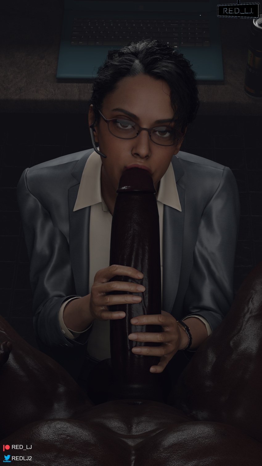 1boy 1girls 3d black_hair blender_(software) blowjob brown_eyes capcom classy cock_worship dark-skinned_female dark-skinned_male dark_skin fellatio female giver_pov glasses grey_suit hands_on_penis ingrid_hunnigan just_the_tip male_focus male_pov office_lady oral playing_skinflute pov pov_eye_contact red_lj redbone resident_evil resident_evil_4 resident_evil_4_remake suit unseen_male_face