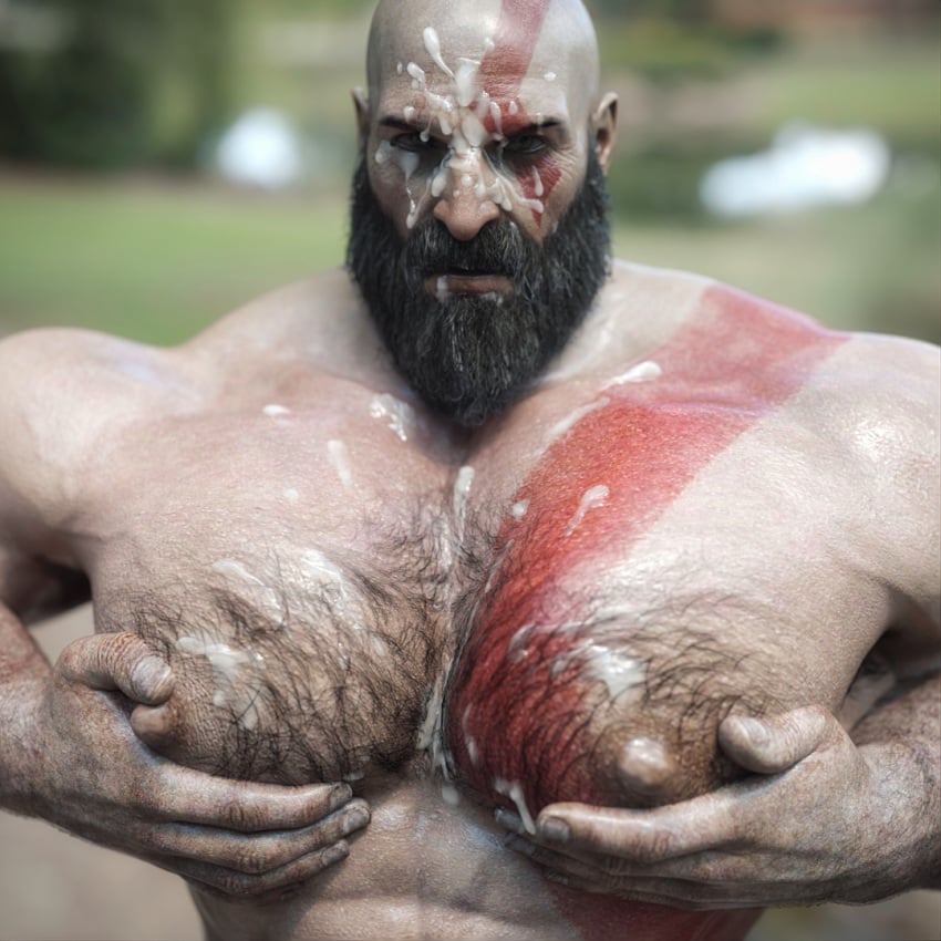 bald bald_man bara bear big_muscles big_nipples big_pecs big_penis chest_hair covered_in_cum cum_on_breasts cum_on_chest cum_on_face cum_on_upper_body facial god_of_war gripping hairy hairy_chest kratos looking_back male_only muscular muscular_chest muscular_male nsfwmaker nude outdoor_nudity outdoors pecs pectorals rubbing_chest solo solo_male