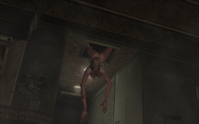 3d breasts capcom claws detailed_background female hair licker long_tongue monster nipples open_mouth partially_clothed red_body regis_licker resident_evil resident_evil_outbreak screencap small_breasts suspended