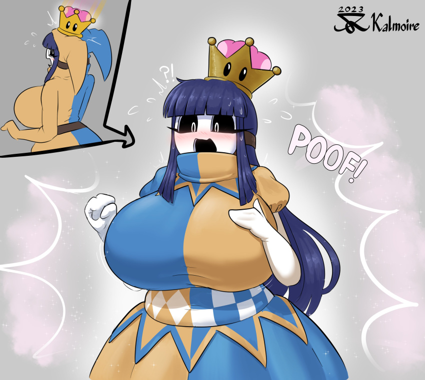 1girls bangs belt blush crown dark-skinned_female dark_skin duomi_(kalmoire) fan_character jester jester_cap kalmoire large_breasts mario_(series) mask new_super_mario_bros._u_deluxe nintendo oc purple_hair shy_gal shyette simple_background sole_female solo super_mario_bros. transformation voluptuous white_background