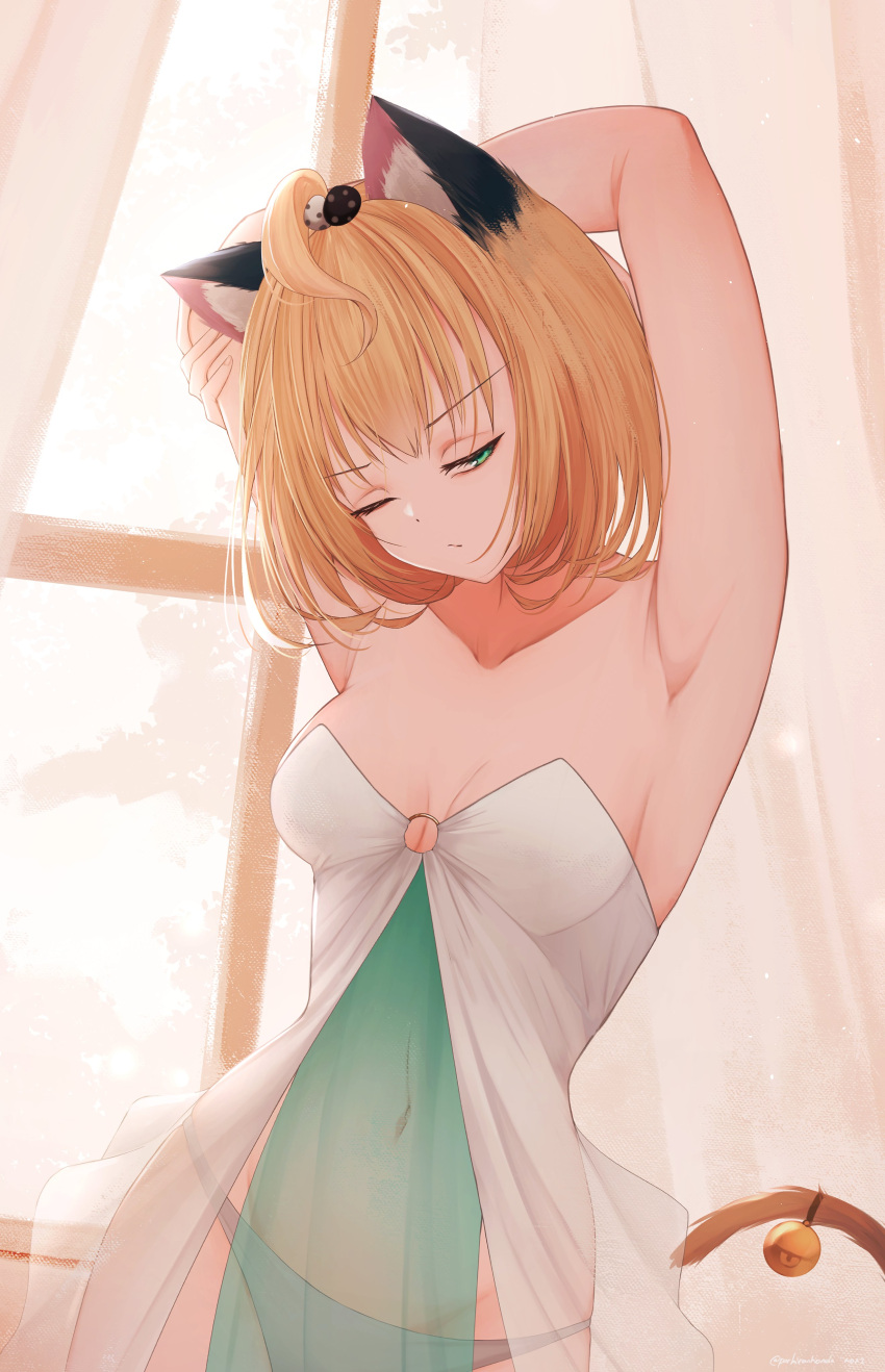 1girls ahoge animal_ears animal_tail armpits arms_behind_head arms_up belly_button blonde_hair bob_cut cat_ears cat_tail exposed_armpits hair_accessory half-closed_eye hi_res highres medium_breasts millie_parfait navel nijisanji nijisanji_en one_eye_closed panties parkiranhonda see-through see-through_clothing short_hair solo solo_female solo_focus tail tail_bell virtual_youtuber waking_up yellow_hair