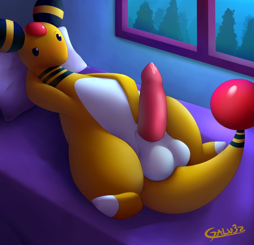 2022 absurd_res ampharos animal_genitalia artist_name balls bed bed_sheet bedding bedroom_eyes big_balls big_penis blush bodily_fluids digital_media_(artwork) erection feet feral feral_only forehead_gem furniture galv3z_(artist) generation_2_pokemon genital_fluids genitals hand_on_head hand_on_stomach hi_res horn light looking_at_viewer lying lying_on_bed male mammal markings moonlight multicolored_ears multicolored_tail narrowed_eyes naughty_face night nintendo nude on_back on_bed penis pillow pink_penis plant pokemon pokemon_(species) portrait precum seductive shaded signature smile solo solo_focus striped_markings striped_tail stripes tail tail_gem tail_markings tapering_penis thick_penis thick_thighs tree two_tone_ears two_tone_tail white_balls white_body white_skin window window_light yellow_arms yellow_body yellow_face yellow_feet yellow_nose yellow_skin yellow_tail