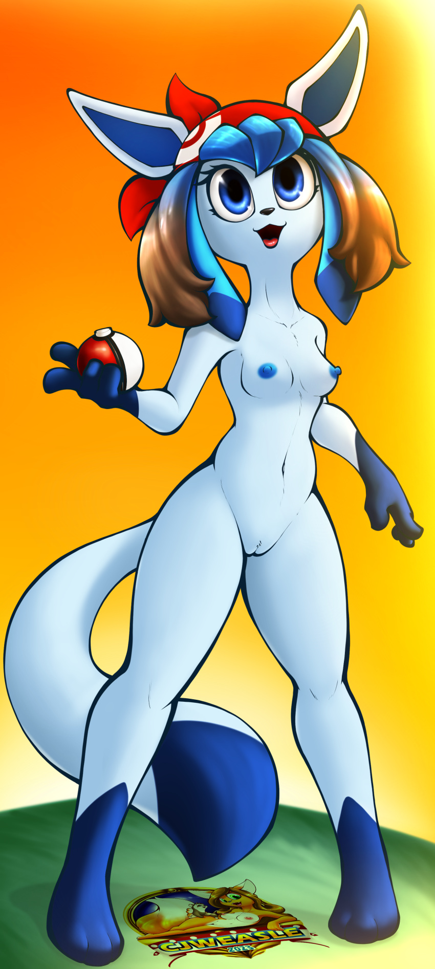 absurd_res anthro anthro_only areola blue_body blue_eyes breasts cjweasle eeveelution female generation_4_pokemon genitals glaceon hair hi_res holding_object holding_pokeball may_(pokemon) nintendo nipples nude open_mouth pokeball pokemon pokemon_(species) pokemorph pussy solo