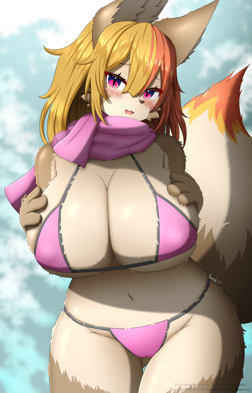 :3 :d adorable anthro big_breasts bikini blush breasts camel_toe canid canine clothed clothing cute cute_face faroula_twitt female female_anthro female_only fox fur hair hi_res kemono looking_at_viewer mammal open_mouth solo solo_female swimwear