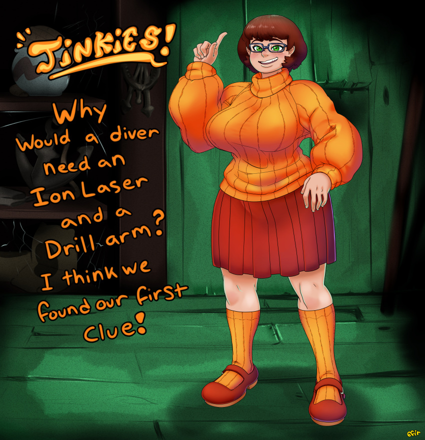 1girls breasts brown_hair busty chubby_female clothed clothing efir freckles glasses green_eyes large_breasts light-skinned_female pudge puffy_sleeves scooby-doo sfw short_hair skirt solo_female velma_dinkley wide_hips