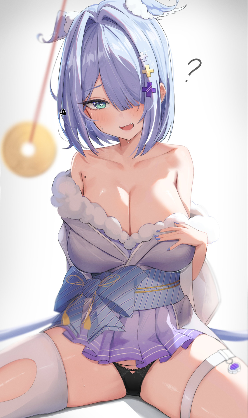 1girls bare_shoulders big_breasts black_panties blue_hair blush cleavage dragon_girl dragon_wings elira_pendora elira_pendora_(2nd_costume) exposed_shoulders hair_covering_eye hair_over_one_eye hair_wings head_wings heart-shaped_pupils hi_res highres hypnosis hypnosis_coin kimono large_breasts legs_apart legs_spread legwear mole mole_on_chest nijisanji nijisanji_en oerba_yun_fang one_eye_covered one_eye_obstructed open_mouth panties pendulum question_mark ruru_nnnn short_hair solo solo_female solo_focus spread_legs stockings sweat sweating swinging_pendulum thigh_strap thighhighs virtual_youtuber white_background white_legwear x_hair_ornament yukata