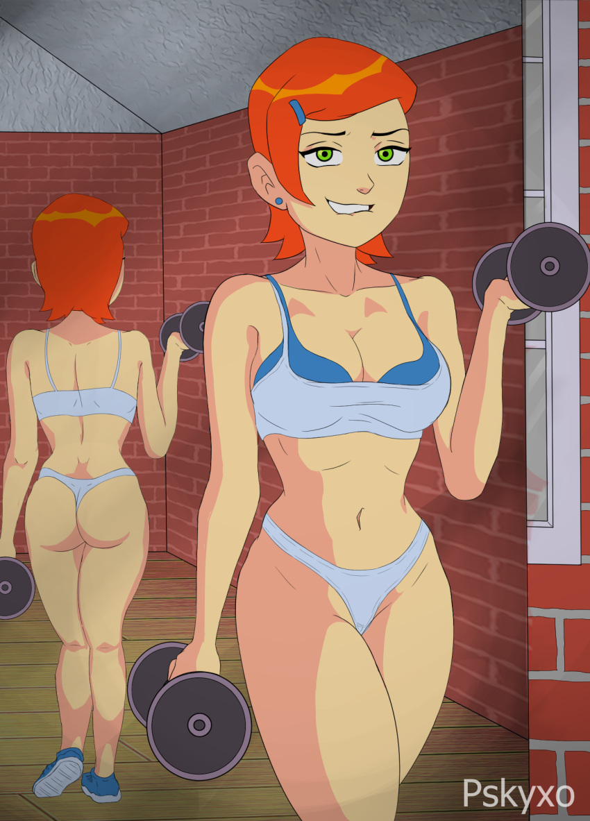 1girls back_view ben_10 big_ass big_breasts biting_lip cartoon_network exercise female female_only front_view green_eyes gwen_tennyson gym mirror orange_hair pskyxo solo topwear white_skin