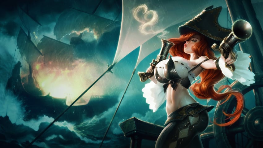 alternate_ass_size alternate_breast_size blush curvaceous curvy edit gun huge_ass huge_breasts league_of_legends miss_fortune narrow_waist official_artwork_edit pirate pirate_hat red_hair riot_games smoke sutton184_edits thick_lips thick_thighs third-party_edit waist wide_hips