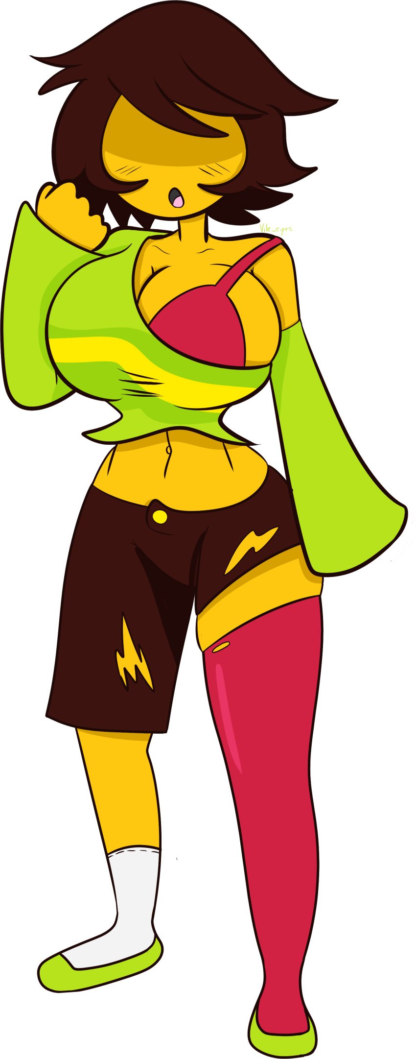 1girls breasts brown_hair cleavage clothed clothing deltarune eyes_covered female female_only huge_breasts implied_transformation kris_(deltarune) kris_female_(deltarune) large_breasts mid_transformation short_hair solo torn_clothes transformation undertale_(series) vile_eyes yellow_body