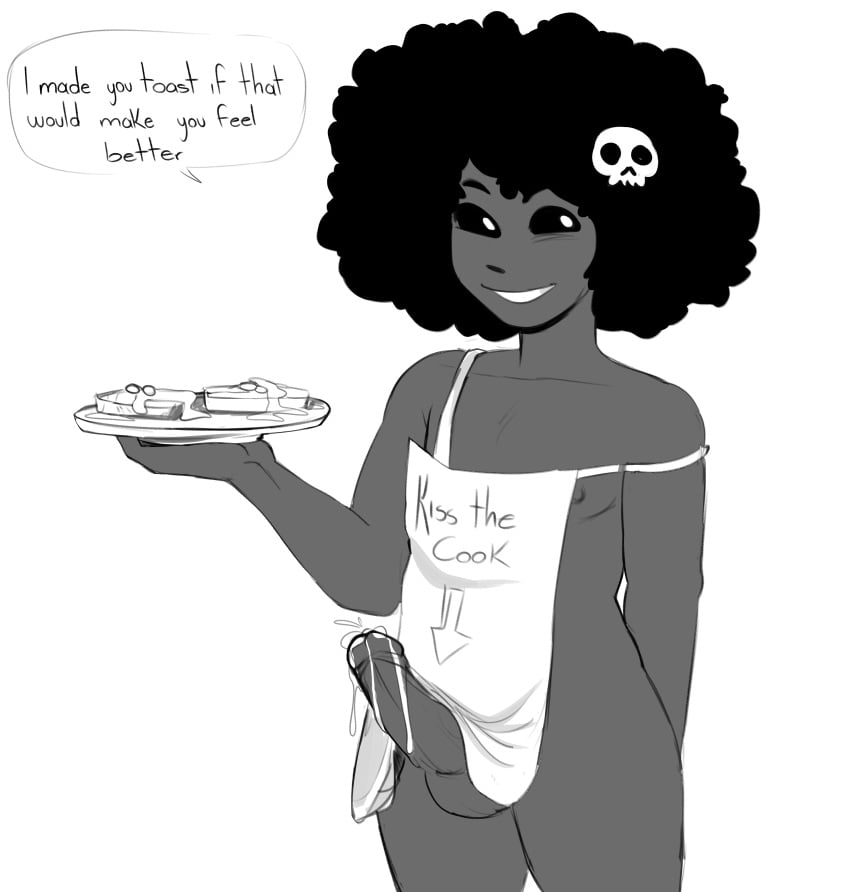 1boy afro aidedbinkie apron_only black_hair black_sclera clothing clothing_lift cooking cum cum_drip cum_dripping cumshot dark-skinned_femboy dark-skinned_male dark_skin death_(personification) dialogue erection femboy french_toast grim_reaper imswaggles jericho_(swagsoul) long_hair looking_at_viewer male no_underwear penis practically_nude skull skull_hair_ornament solo speech_bubble swagsoul