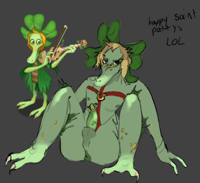 androgynous ffidyll four_leaf_clover green_body green_fur grey_background long_snout monster my_singing_monsters red_ribbon saint_patricks_day sitting solo_male spread_legs yellow_spots