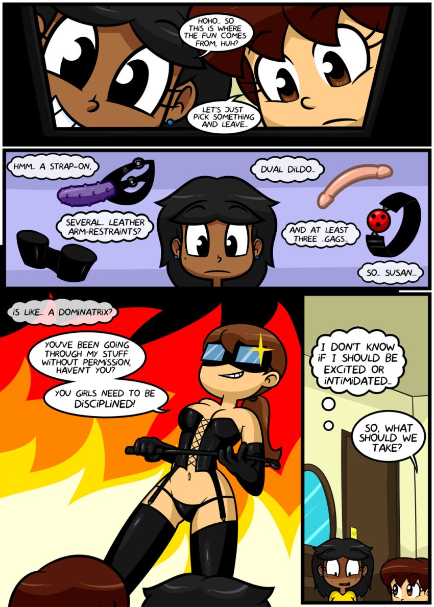 3girls arm_restraints ball_gag black_hair brown_hair chloe_(xierra099) chocolate_and_vanilla comic comic_page conversation cuffs dark-skinned_female dialogue dildo dominatrix double_dildo fire_background glasses horse_whip light-skinned_female lovin’sis mother_and_daughter multiple_girls ponytail sex_toys strap-on studded_dildo susan_(xierra099) valerie_(xierra099) xierra099 yuri