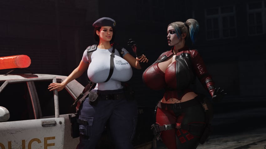 3d 3d_(artwork) arrest batman_(series) blender breasts breasts_bigger_than_head capcom clothed clothes clothing criminal crossover curvy curvy_figure dc dc_comics female futanari hair harley_quinn harley_quinn_(injustice) huge_breasts human human_only injustice_2 jill_valentine jill_valentine_(sasha_zotova) knyaz large_ass large_breasts police police_woman resident_evil resident_evil_3 resident_evil_3_remake thick_thighs wide_hips