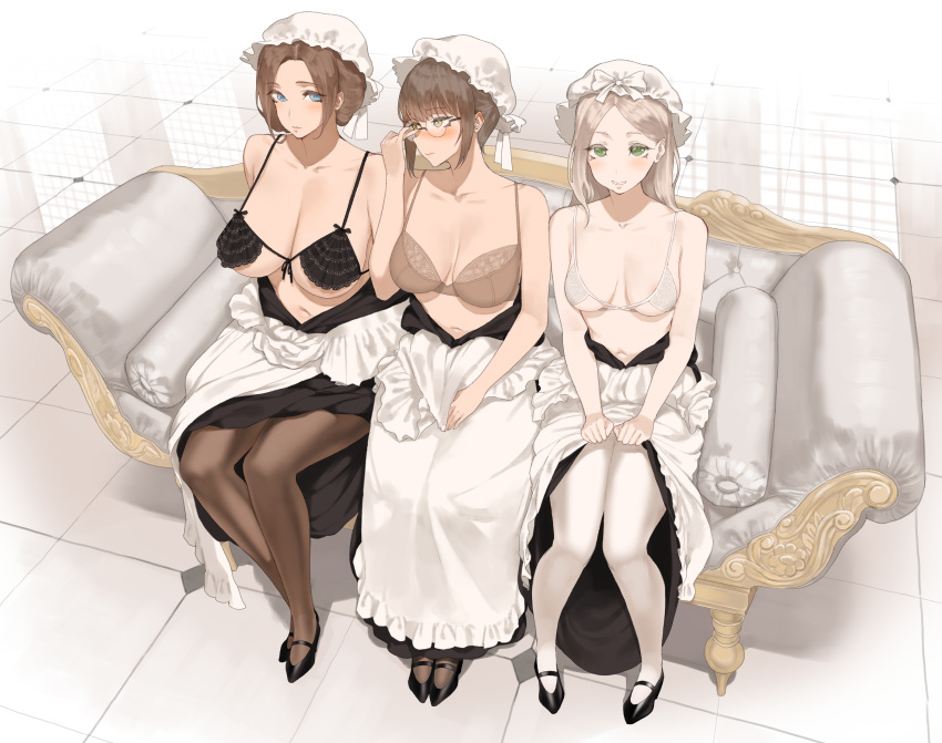 3girls :) bare_shoulders belly big_breasts black_bra black_legwear blonde_hair blue_eyes blush bra breast_size_difference breasts brown_bra brown_hair chest collarbone ear_blush embarrassed eyelashes female female_only glasses green_eyes hands_on_lap highres knees_together_feet_apart legs legwear light-skinned_female lips looking_at_viewer looking_away maid maid_headdress maid_uniform medium_breasts navel on_sofa original original_character pantyhose shoes short_hair shy sitting smile sofa stomach throtem white_bra white_legwear yellow_eyes