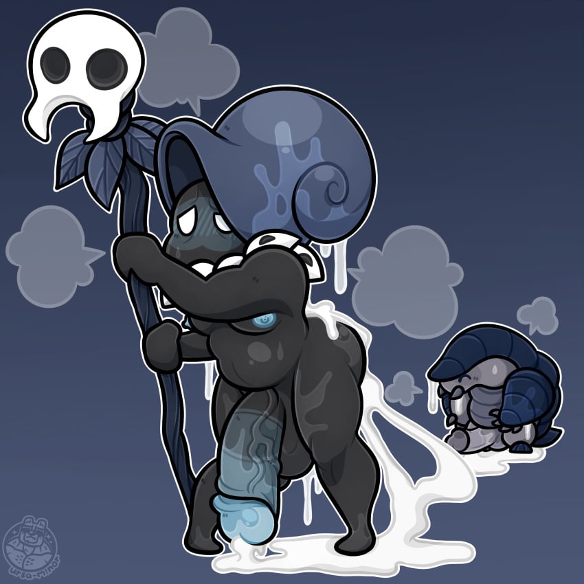 2boys absurd_res after_sex animal_humanoid anthro ass baldurs_(species) balls belly big_penis black_body blush bodily_fluids cum cum_inside digital_media_(artwork) duo erection excessive_cum excessive_genital_fluids gastropod gastropod_shell gay genital_fluids genitals hi_res hollow_knight humanoid humanoid_genitalia humanoid_penis magic_user male male/male mollusk mollusk_humanoid mollusk_shell nipples nude penis shaman shell simple_background slightly_chubby snail snail_shaman staff team_cherry tribal_spellcaster ursa-m1nor