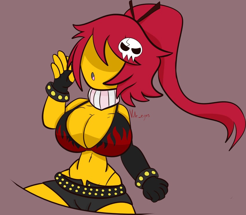 1girls alternate_breast_size arm_wrap artist_name belt bikini black_bikini_top black_short_shorts black_shorts bracelet bracelets breasts calling_out cleavage clothed clothing cosplay deltarune female female_human female_only fingerless_gloves flame_bikini hair_over_eyes huge_breasts human human_only kris_(deltarune) kris_female_(deltarune) large_breasts midriff navel open_mouth ponytail red_bikini_top red_hair short_shorts simple_background skull_hair_ornament solo solo_female tengen_toppa_gurren_lagann undertale_(series) vile_eyes yellow-skinned_female yellow_skin yoko_littner yoko_littner_(cosplay)