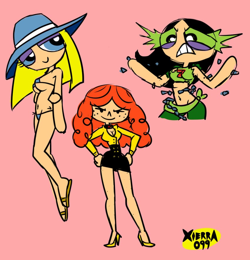 3girls aged_up bikini black_hair blonde_hair blue_bikini blue_eyes blue_g-string breaking_chain bubbles_(powerpuff_girls) buisness_suit buttercup_(powerpuff_girls) cartoon_network casual casual_clothes clothed clothed_female curly_hair freckles green_eyes high_heels hyper_eyes light-skinned_female long_hair multiple_girls orange_hair powerpuff_girls princess_morbucks sandals short_hair string_bikini sunhat super_powers toonami xierra099 yellow_high_heels