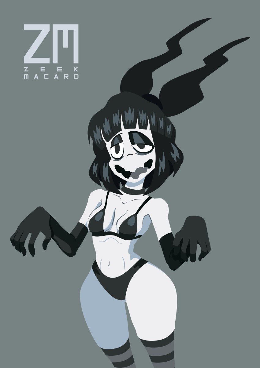 1girls black_hair black_lingerie bow cartoony creepy_susie female female_only gloves goth goth_girl lazy_eye lingerie long_gloves macard* open_mouth pale_skin panties short_hair simple_background small_breasts solo_focus striped_stockings the_oblongs thick_legs thick_thighs zeek_macard