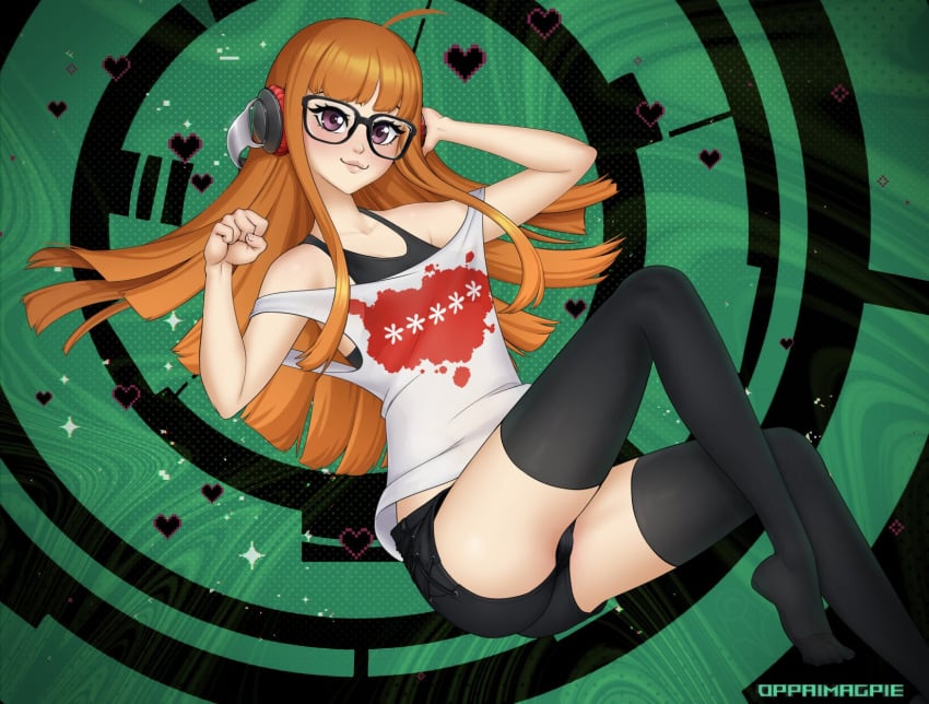 black_socks clothed_female glasses headphones oppaimagpie persona persona_5 reclining_pose sakura_futaba short_shorts socks sports_bra tank_top thigh_socks thighhighs