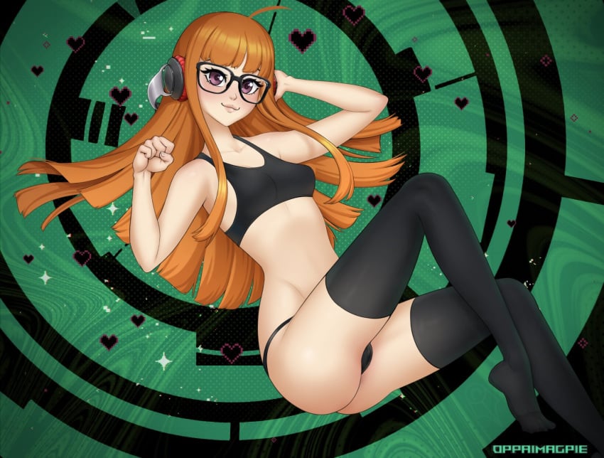 black_socks clothed_female glasses headphones oppaimagpie persona persona_5 reclining_pose sakura_futaba small_breasts socks sports_bra thigh_socks thighhighs underwear_only