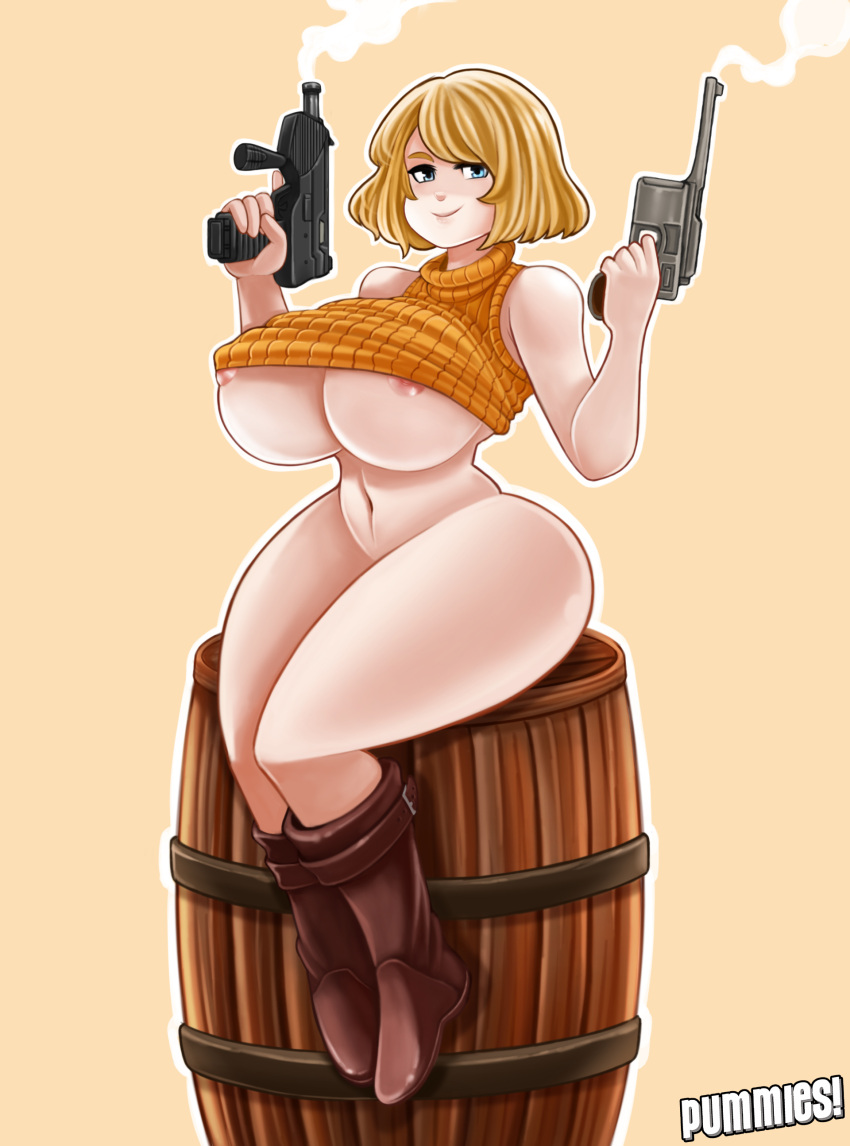 ashley_graham ashley_graham_(ella_freya) blonde_hair blue_eyes bottomless busty capcom casual clothing female female_focus female_only firearm footwear full_body handgun hourglass_figure human mauser_c96 pale_skin pummies resident_evil resident_evil_4 resident_evil_4_remake sitting sleeveless sleeveless_turtleneck tagme turtleneck turtleneck_sweater underboob voluptuous weapon wide_hips