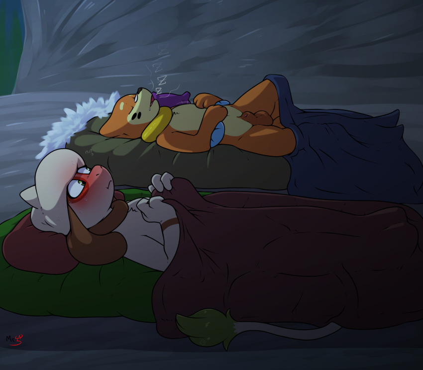 anthro anthro_only balls blush buizel female generation_2_pokemon generation_4_pokemon genitals hi_res kai_(mr.smile) male mimi_(mr.smile) mr._smile nintendo penis pokemon pokemon_(species) sleeping sleeping_bag smeargle