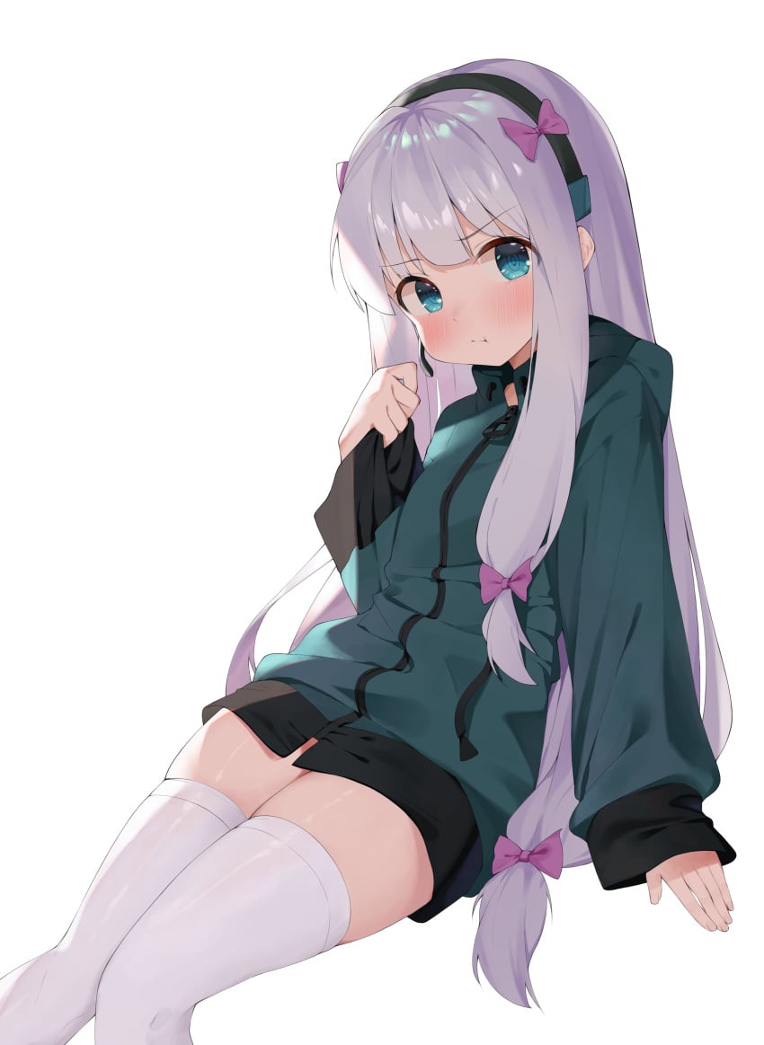 1girls aqua_eyes avant_garde_(artist) blush eromanga_sensei hi_res izumi_sagiri jacket legwear long_hair simple_background thick_thighs thighhighs white_background white_hair white_legwear