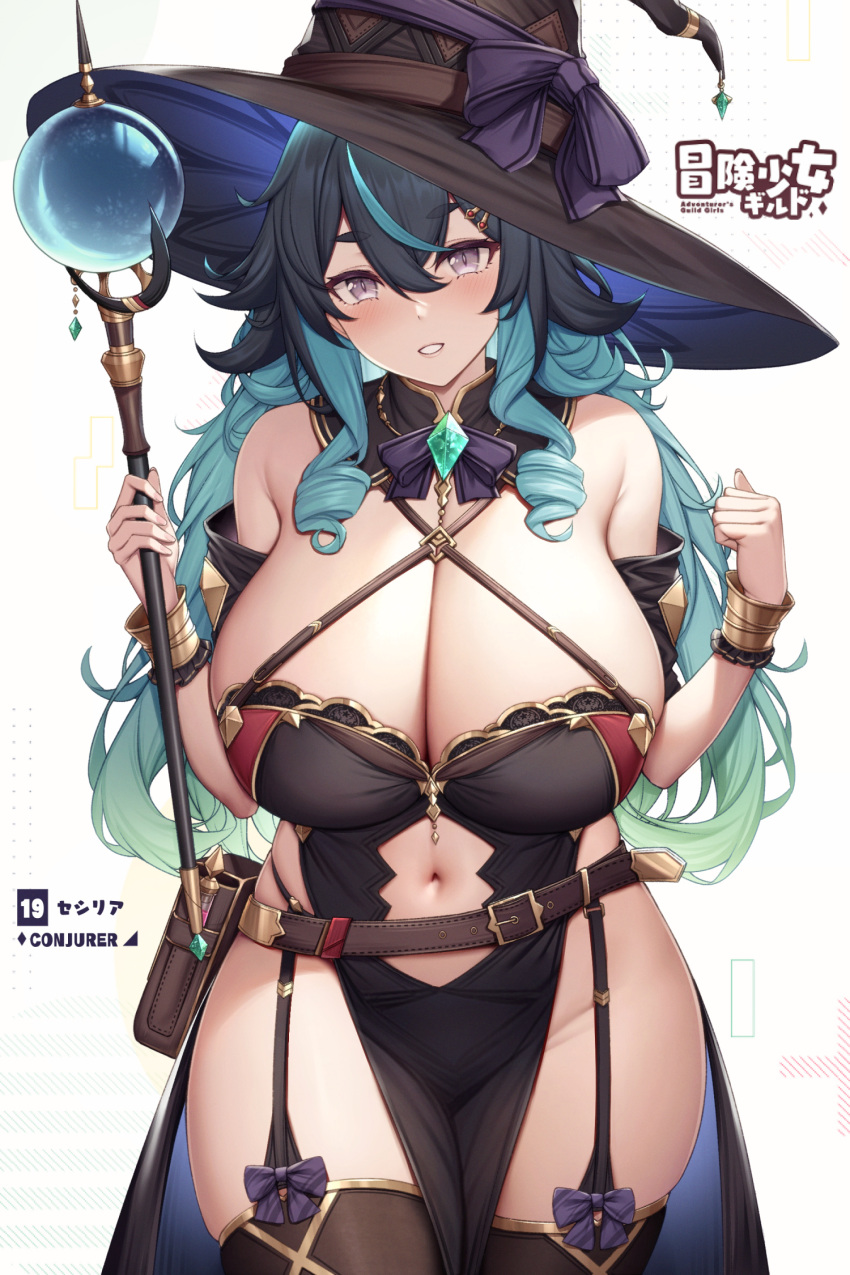 1girls aqua_hair belt black_cape black_dress black_hair black_thighhighs bracer breasts brown_hair cape cleavage clenched_hand curvy detached_collar dress drill_hair garter_straps gradient_hair green_hair hair_between_eyes hat holding holding_wand huge_breasts kannko_bokujou large_breasts long_hair looking_at_viewer multicolored_hair navel orb original paintcan parted_lips pelvic_curtain pouch purple_eyes revealing_clothes simple_background solo standing thick_eyebrows thighhighs thighs twin_drills wand white_background witch_hat