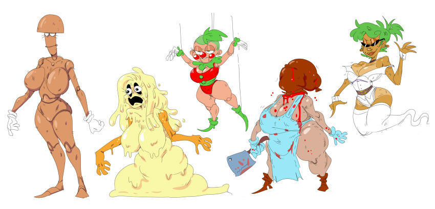 2023 5girls animatronic apron apron_only big_breasts blood blue_apron blue_gloves bodysuit butcher cheese cheese_monster_(pizza_tower) cleavage cleaver_(knife) clown clown_girl clown_nose dress_shirt earrings female_only food_creature food_humanoid full_body ghost ghost_girl gloves gloves_only green_boots green_hair group high_heels leather_boots living_puppet long_hair marionette meat_cleaver mhdrawin mushroom mushroom_humanoid mushroom_monster_(pizza_tower) nipple_bulge object_head off_shoulder pineapple_monster_(pizza_tower) pizza_tower pseudo_hair puppet robot robot_girl robot_humanoid rule_63 sausage sausage_monster_(pizza_tower) short_hair slime slime_girl slime_hair slime_monster sunglasses suspension thick_thighs tomato_monster_(pizza_tower) toppin_monsters white_background white_gloves