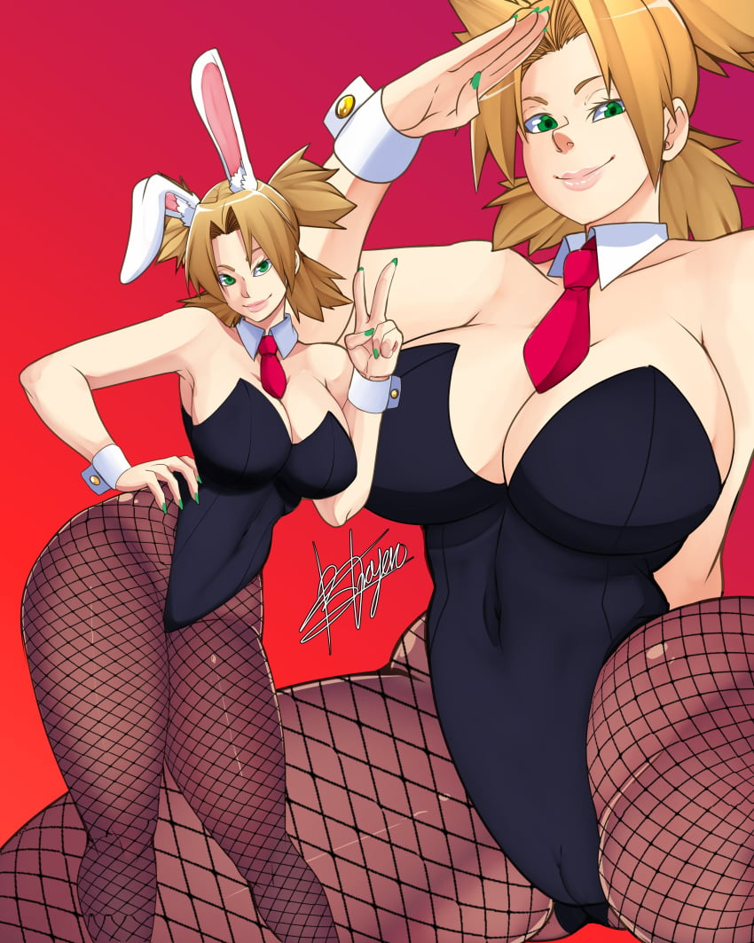 1girls animal_ears big_breasts blonde_hair bowtie brayaneroartist breasts bunny_ears bunny_girl bunnysuit cameltoe detached_collar detached_sleeves female female_only leotard long_hair looking_at_viewer multiple_views nail_polish naruto naruto_(series) naruto_shippuden necktie pantyhose peace_sign ponytail quad_tails revealing_clothes salute smile solo solo_focus strapless strapless_leotard teal_eyes temari thick_thighs v_sign waving waving_at_viewer waving_hand wide_hips