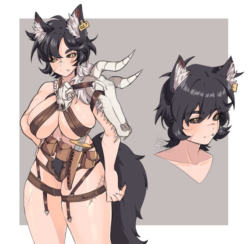 2d 2d_(artwork) animal_ears animal_tail artist_name belly_button black_eyes breasts bushy_pubes claws dire_wolf fang fangs female knife ladysgusting light-skinned_female light_skin monster_girl nipples_covered pale-skinned_female pale_skin pouch pubic_hair scar scar_across_eye scarred simple_background skull skull_necklace tag thighs watermark white_border wolf_ears wolf_girl wolf_romure wolf_tail