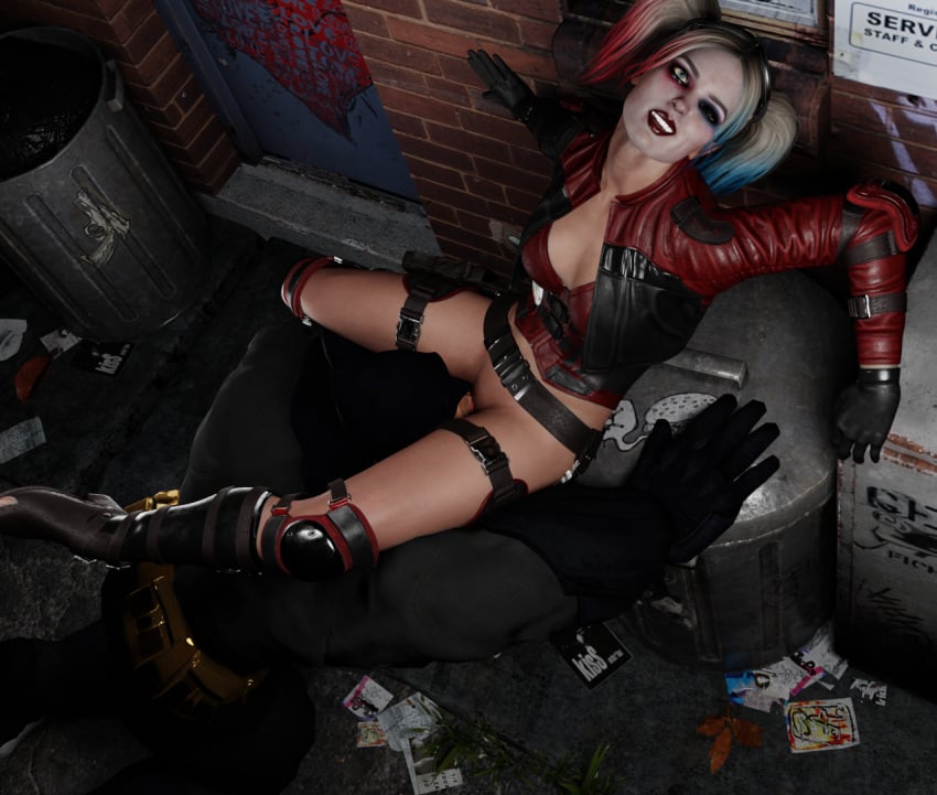 1boy 1girls 3d 3d_(artwork) alley assertive_female aurora_polites batman batman_(series) blender blender_(software) boots bottomless_female brick_wall bullying cleavage crotch cunnilingus dc dc_comics defeat_sex defeated defeated_hero dominant_female eating_pussy enjoying female femdom gloves harley_quinn harley_quinn_(injustice) high_heel_boots injustice_2 leather_clothing leather_jacket leg_on_shoulder legs_spread lipstick looking_at_viewer male malesub on_knees oral pleasure_face relaxing skimpy_clothes smiling straps submissive_male superhero tactical_nudity trash trash_bag trash_can twintails voluox wink worship