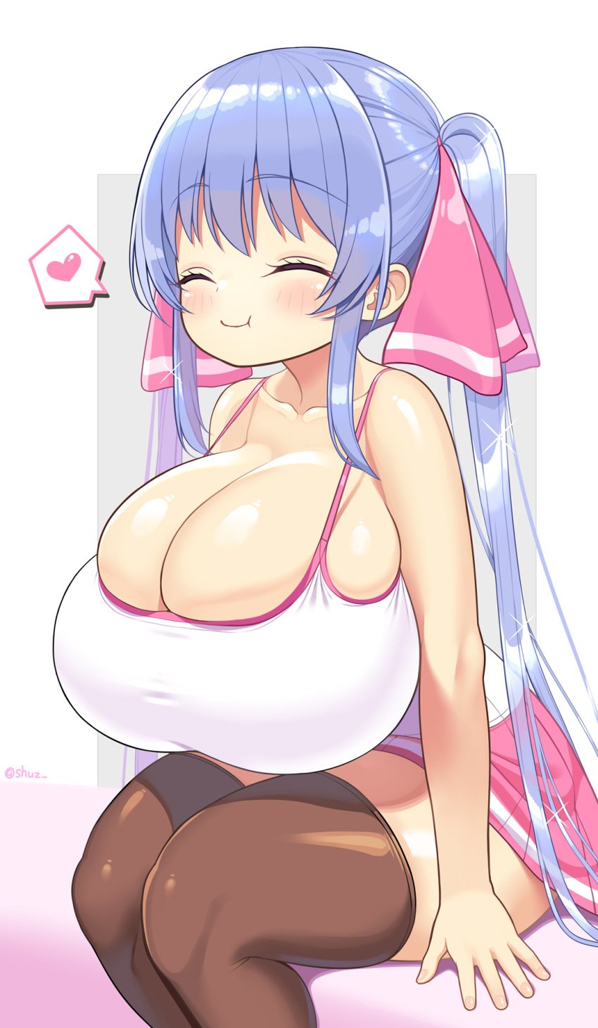 big_breasts blue_hair blush breasts_bigger_than_head closed_eyes hair_ribbon hourglass_figure huge_breasts long_hair original riko_(shuz) shortstack shuz_(dodidu) sitting skindentation slim_waist smiling stretched_clothing thick_thighs thighhighs tight_clothing