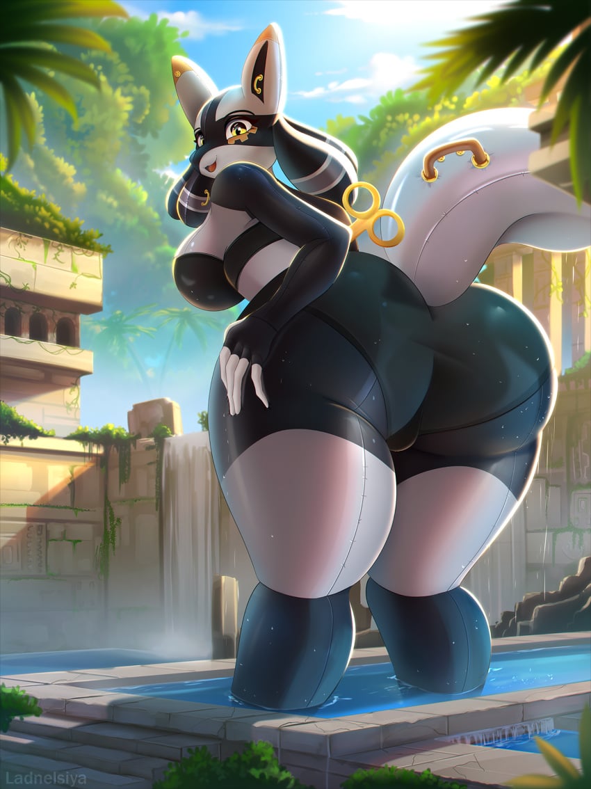 anthro ass ass big_ass big_breasts big_butt breasts clothed clothing detailed_background female female_only fur generation_4_pokemon hi_res ladnelsiya lucario nintendo pokemon pokemon_(species) solo solo_female white_body white_fur yellow_eyes