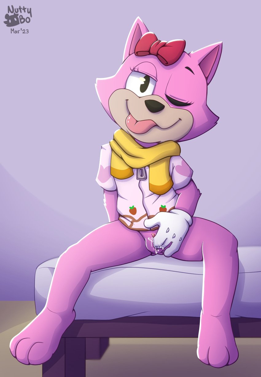 :3 bed bodily_fluids bottomless clothed clothing finger_fuck fingering fur furniture genital_fluids genitals gloves handwear hi_res masturbation no_humans nutty_bo on_bed pac-man_eyes pancake_(toontown) pink_body pink_fur pussy pussy_juice scarf toontown toontown_cat toontown_corporate_clash toontown_online toony topwear vaginal_penetration