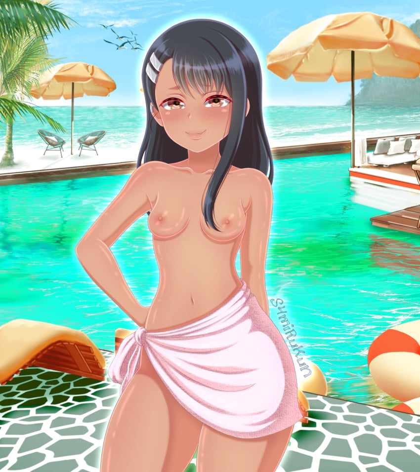 1girls areolae black_hair blush brown_eyes female_focus female_only hayase_nagatoro long_hair looking_at_viewer navel nipples please_don't_bully_me,_nagatoro pool pose s4mirukun small_breasts smile solo solo_female tan tan_skin tanned thick_thighs topless watermark wide_hips